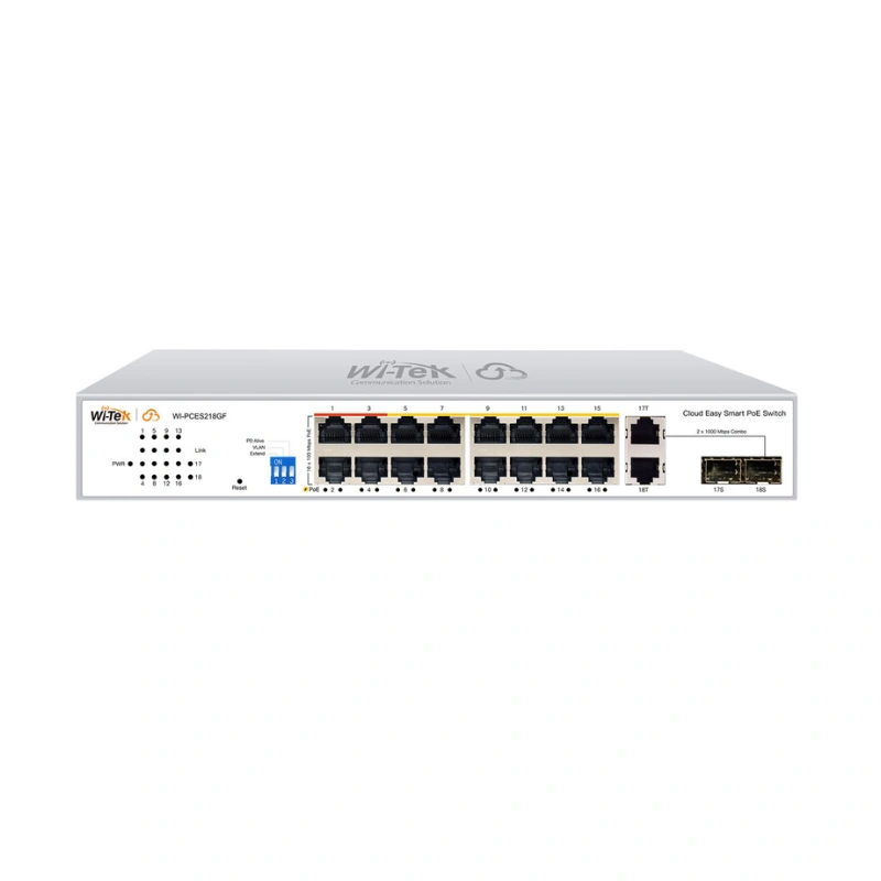 Wi-Tek WI-PCES218GF 16-port PoE switch with 250W power budget, Gigabit uplink ports and Wi-Tek Cloud management front view