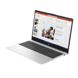 HP 255 G10 laptop with AMD Ryzen 5 7530U processor, 16GB DDR4 RAM, 512GB NVMe SSD, 15.6 inch Full HD IPS display and Radeon Graphics front side view left