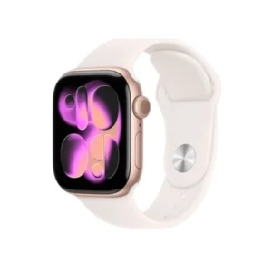 Apple Watch Series 11 GPS 42mm Rose Gold Aluminium Case with Light Blush Sport Band showing Retina LTPO3 OLED display and health sensors.