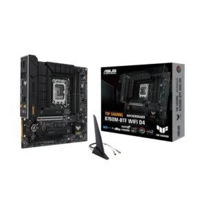 ASUS TUF GAMING B760M-BTF WIFI D4 microATX motherboard front view and package