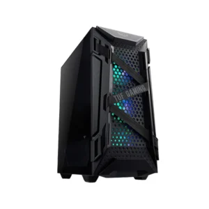ASUS GT301 TUF GAMING Mid Tower PC case with ARGB fans and tempered glass side panel front side view