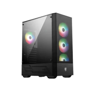 MSI MAG FORGE 112R Mid Tower gaming case with ARGB fans and tempered glass, black front side view