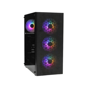 Raidmax X921 Mid Tower gaming case with 650W PSU, RGB fans, and tempered glass, black front side view