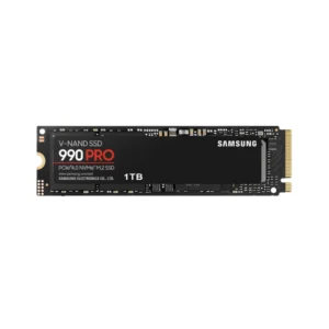 Samsung 990 PRO 1TB M.2 NVMe SSD showing high-speed PCIe Gen 4 interface and compact M.2 form factor front view