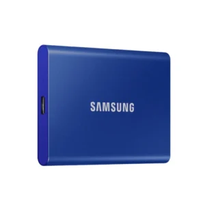 Samsung T7 2TB USB 3.2 External SSD in blue, showing portable high-speed storage solution front side view