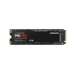 Samsung 990 PRO 2TB M.2 NVMe SSD showing PCIe Gen 4 interface, M.2 form factor, and high-speed storage performance front view