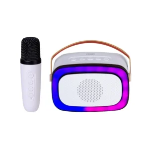 Trevi XR 8A01 Mini Party Karaoke Speaker with Bluetooth, Wireless Microphone, and Multicolor Disco Lights front view