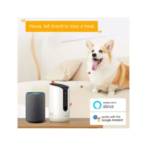 Arenti Petcam3T 2K 3MP Dog Treat Camera with WiFi 5GHz, Night Vision and Treat Dispenser front side view with dog and exaplantaion
