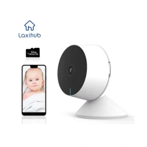 Laxihub M1 Indoor WiFi 1080P Mini Security Camera White front side view + with phone on a side