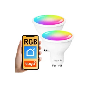 Laxihub Smart Lamp 5W Dimmable LED Color Bulb WiFi Bluetooth GU10 RGB front side view with phone