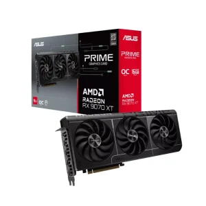 ASUS PRIME RX9070XT O16G 16GB GDDR6 graphics card front view and package