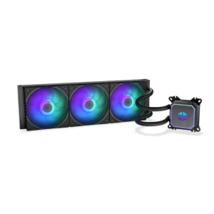 NDORFY Navis F360 ARGB 360mm liquid CPU cooler with three ARGB fans and radiator front view