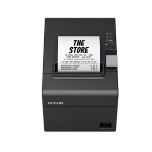 Epson TM-T20III Ethernet POS thermal printer with RJ45 port and auto cutter front view with printed bill