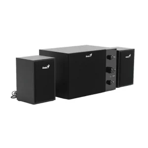 Genius SW-2.1 350 black 2.1 computer speakers with wooden subwoofer and dual satellite speakers front side view right