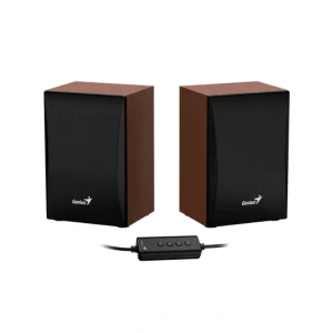 Genius SP-HF380BT wood Bluetooth speakers with USB power and 3.5mm audio input front view