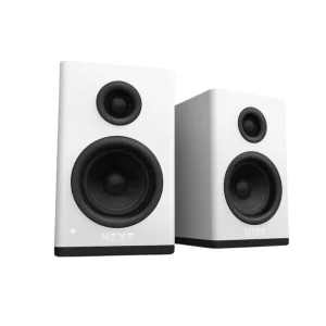 NZXT Gaming Speakers 3 White V2 2.0 computer speakers with wooden enclosure and 2x40W power front side view