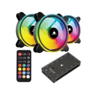 White Shark Nebula 2 ARGB 120mm fan kit with remote and RGB hub front view with remote