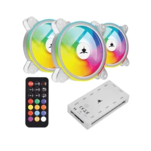 White Shark Nebula 2 ARGB 120mm fan kit with remote and RGB hub front view with remote