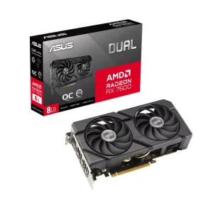 ASUS Dual RX 7600 8GB GDDR6 graphics card front side view and package