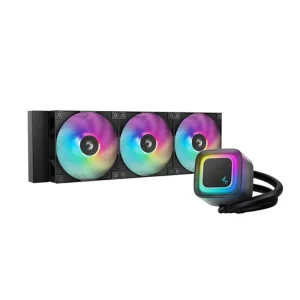 Deepcool LE360 V2 ARGB 360mm liquid CPU cooler with triple fans and RGB lighting front view