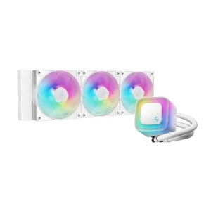 Deepcool LE360 V2 ARGB 360mm white liquid CPU cooler with triple fans and RGB lighting front view