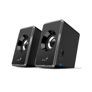 Genius SP-U125 USB grey computer speakers 2.0 system compact desktop speakers with USB and 3.5mm connection front side view left