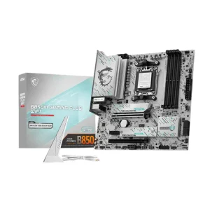MSI B850M GAMING PLUS WIFI AM5 motherboard with DDR5 and PCIe 5.0 front side view and package