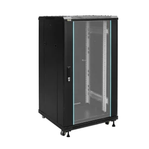 MFS6622 22U rack cabinet black RAL9004 tempered glass door 600x600x1166 network cabinet with wheels front side view
