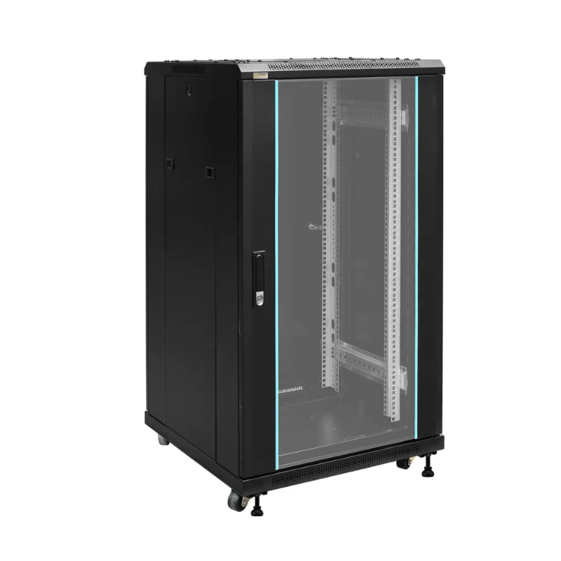 MFS6622 22U rack cabinet black RAL9004 tempered glass door 600x600x1166 network cabinet with wheels front side view