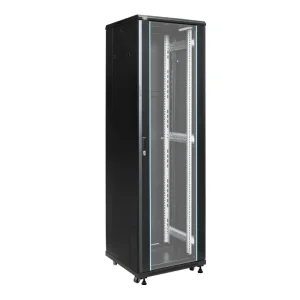 MFS6642 42U rack cabinet black RAL9004 tempered glass door 600x600x2050 server rack cabinet with wheels front side view