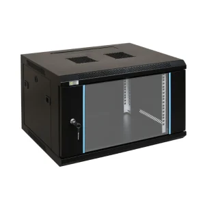 MW3-5406 6U rack cabinet black RAL9004 tempered glass door 530x400x300 network cabinet front side view