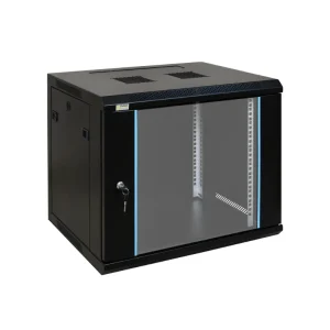 MWB-6412 12U rack cabinet black RAL9004 tempered glass door 600x450x640 network cabinet front side view