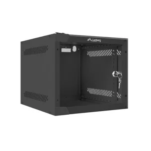 Lanberg 10 inch 4U wall mounted rack cabinet black with glass door front side view