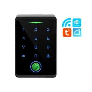 M-CF1 Tuya WiFi waterproof fingerprint RFID keypad access control system for smart doors front view with icons