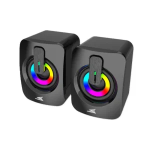 Baracuda Speakers Gaming Seashell Seashell LED Rainbow Black stereo speakers with colorful LED lighting USB power and 3.5mm audio connection for gaming and multimedia use front side view