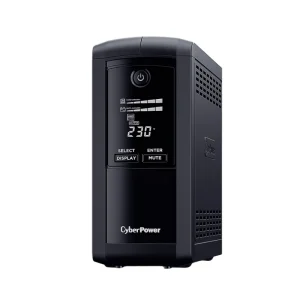 CyberPower VP1000ELCD 1000VA 550W line interactive UPS with LCD display and four Schuko outlets black tower design front side view