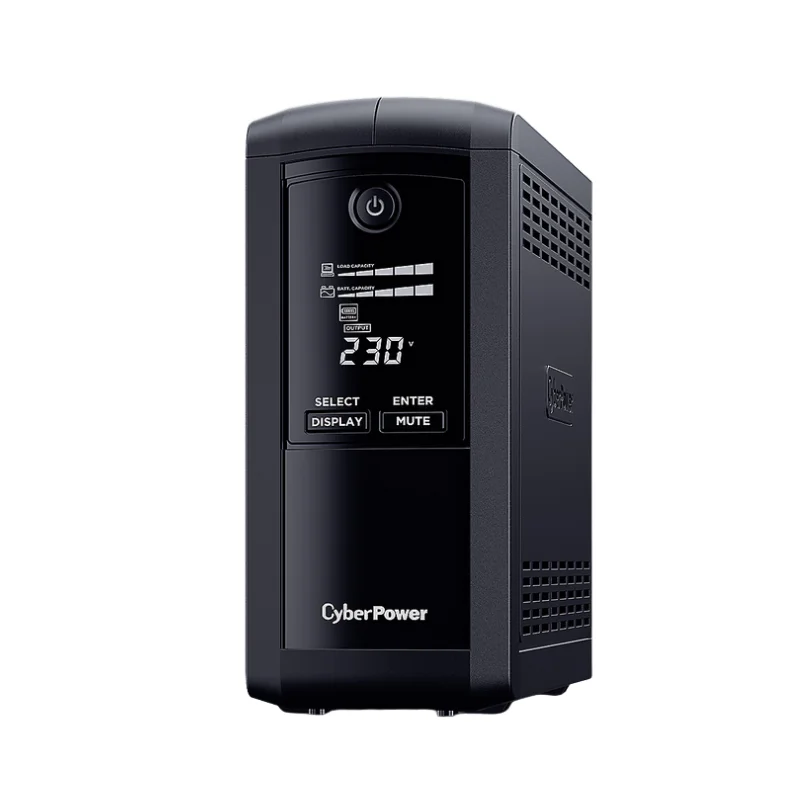 CyberPower VP1000ELCD 1000VA 550W line interactive UPS with LCD display and four Schuko outlets black tower design front side view