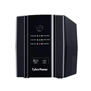 CyberPower UT1500EG 1500VA 900W line-interactive UPS tower with Schuko outlets and USB charging ports front side view