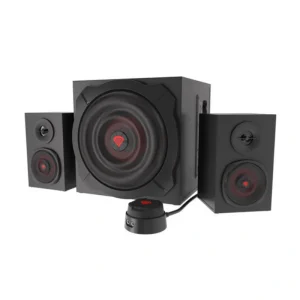 Genesis Helium 610BT 2.1 Bluetooth speaker system with 60W RMS power subwoofer remote control and gaming audio design in black and red colors front side view