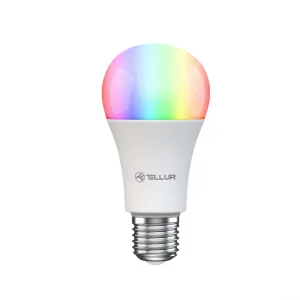 Tellur Smart Home WiFi Light Bulb E27 10W RGB LED smart bulb with app control and 1000 lumens brightness front view turned on