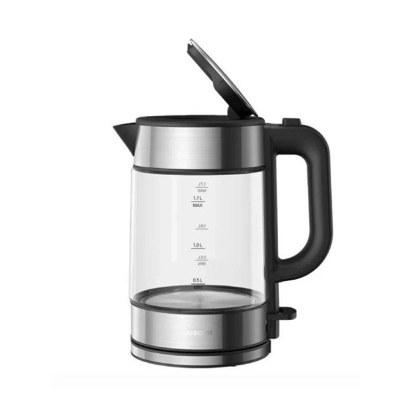 XIAOMI Electric Glass Kettle EU BHR7423EU 1.7L glass kettle with LED display and removable filter front side view open