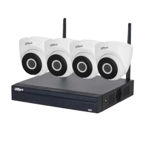 Dahua NVR1104HS-W-S2 security kit with four 2MP Full HD Wi-Fi IP cameras featuring IR night vision, two-way audio and IP67 weather protection front side view