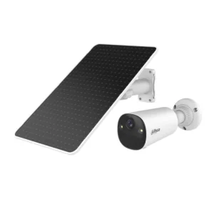 Dahua KIT/BF4CP-4G-XL/M0508 White 4MP 4G battery bullet camera with 8W solar panel, 32.4Wh battery, PIR human and vehicle detection, QHD resolution, and IP66 weatherproof housing front side view