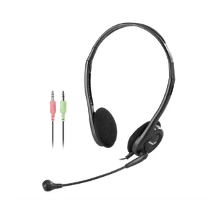 Genius HS-200C black wired stereo headphones with microphone and dual 3.5mm audio connectors front side view