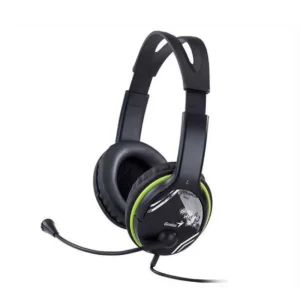 GENIUS HS-400A Green wired over-ear stereo headphones with built-in microphone, 40 mm drivers, dual 3.5 mm audio connectors, and 1.8 m cable front side view