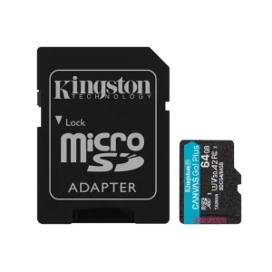 Kingston Canvas Go Plus 64GB MicroSDXC Memory Card 200MB/s A2 U3 V30 with SD Adapter front view