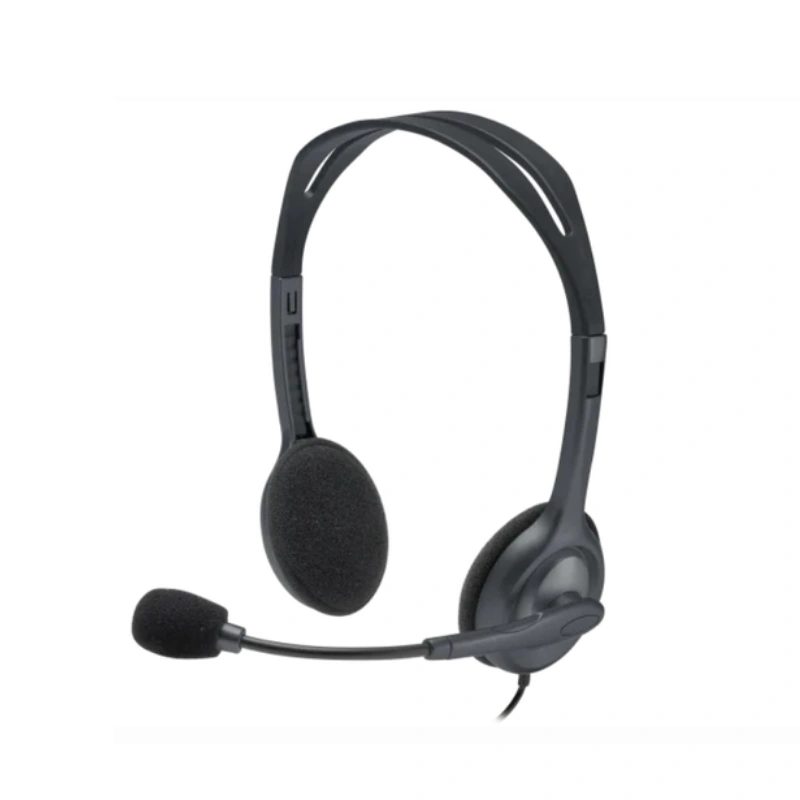 Logitech H111 Stereo Headset black wired headphones with microphone and 3.5 mm audio connector front side view