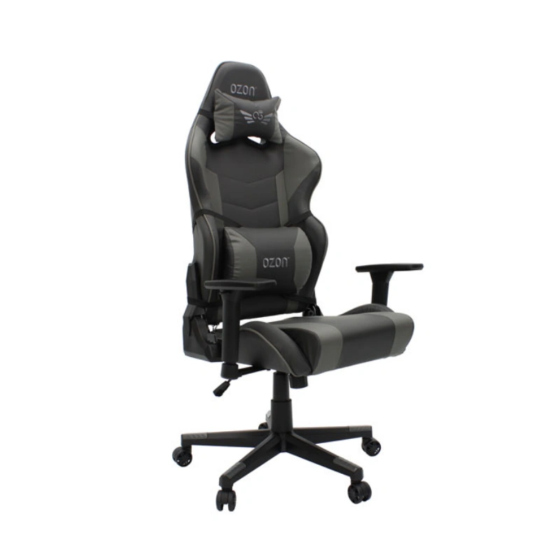 OZON ACE DOMINATOR D-02 grey gaming chair with 3D adjustable armrests and 135 degree reclining backrest front side view