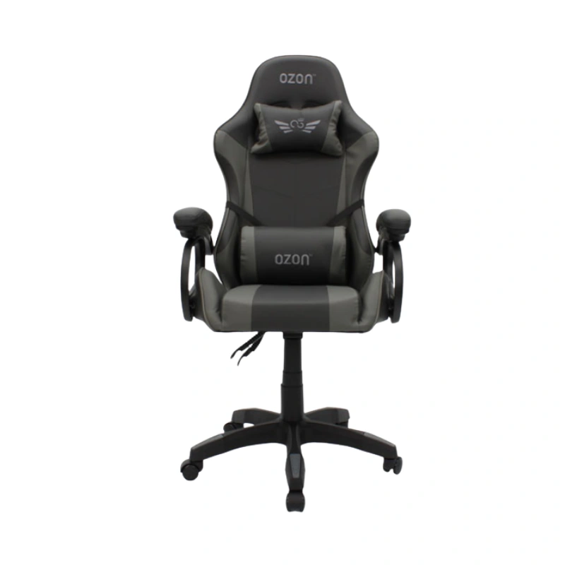OZON GODLIKE A-01 black and grey gaming chair with 135 degree reclining backrest front view