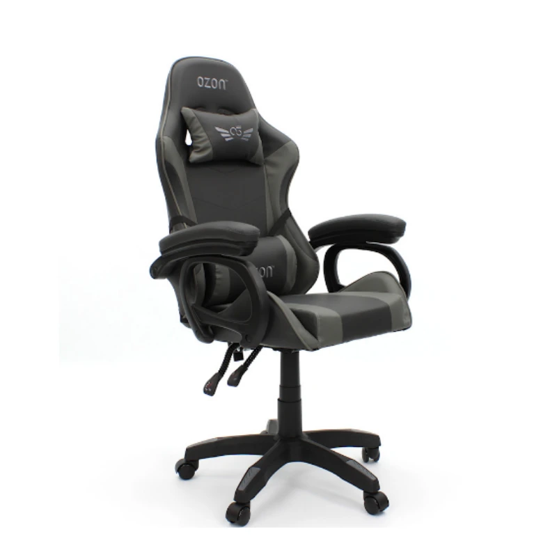 OZON GODLIKE A-01 black and grey gaming chair with 135 degree reclining backrest front side view